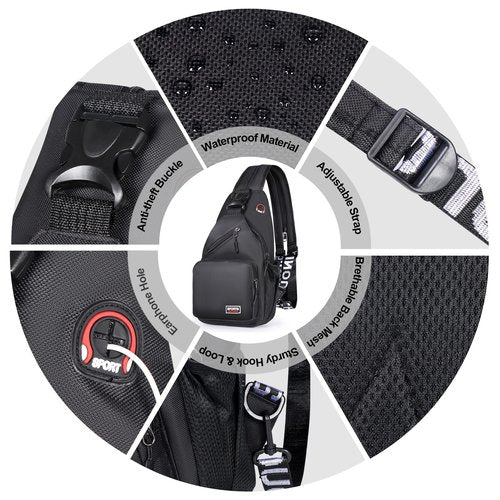 VALUEQLO Convertible Sling Bag Crossbody Backpack with Headphone Jack, Small Shoulder Chest Bag Casual Daypack for Women Men Hiking Travel Cycling, Black