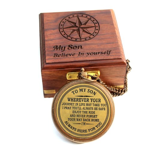 to My Son Compass with Wooden Box. Gift for Son from Mom Dad, Father to Son Gifts, Birthday Baptism Confirmation Communion, Mom to Son Gifts for Graduation Day, Compass for Women Men
