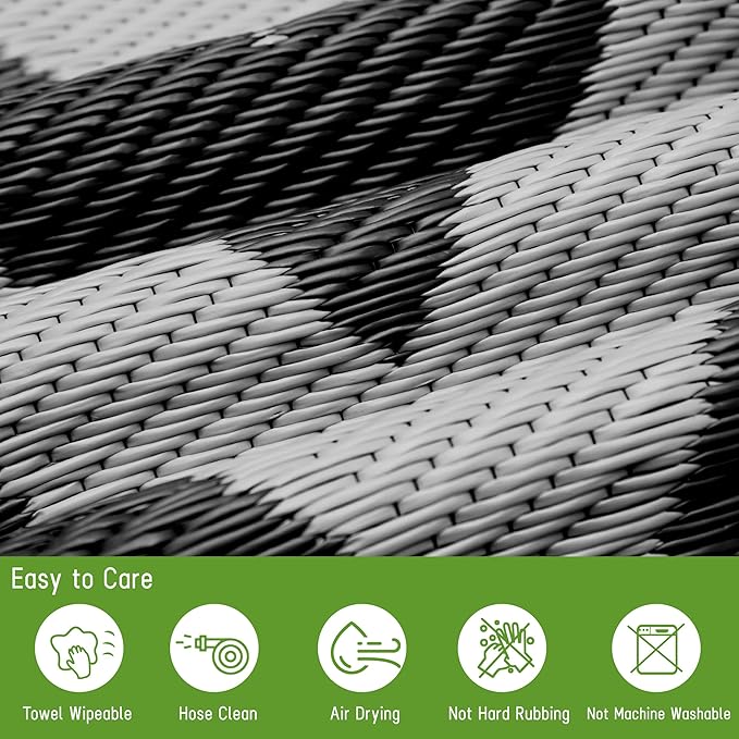 Easy-Going Reversible Outdoor Rugs 9x12ft Waterproof Plastic Straw Rug Stain & UV Resistant Floor Mat for Patio Porch RV Backyard Pool Deck Picnic Beach Trailer Camping (Waved Black & Light Grey)