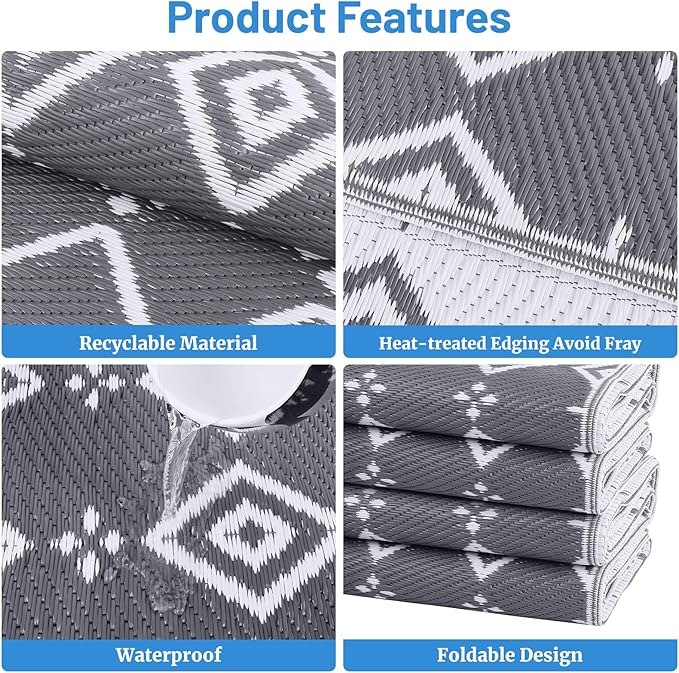 StepRite 4’ x 6’ Reversible Outdoor Rug, Waterproof Plastic Straw Rug, Patio Rug, Large Modern Area Rug Carpet, Indoor Outdoor Rugs for Camping, Porch, Deck, Balcony, Backyard, RV, Picnic(Grey)