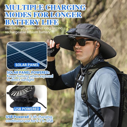 Men's Wide Brim Solar Fan Outdoor Fishing Hat in Grey - Includes 2 Solar Fans