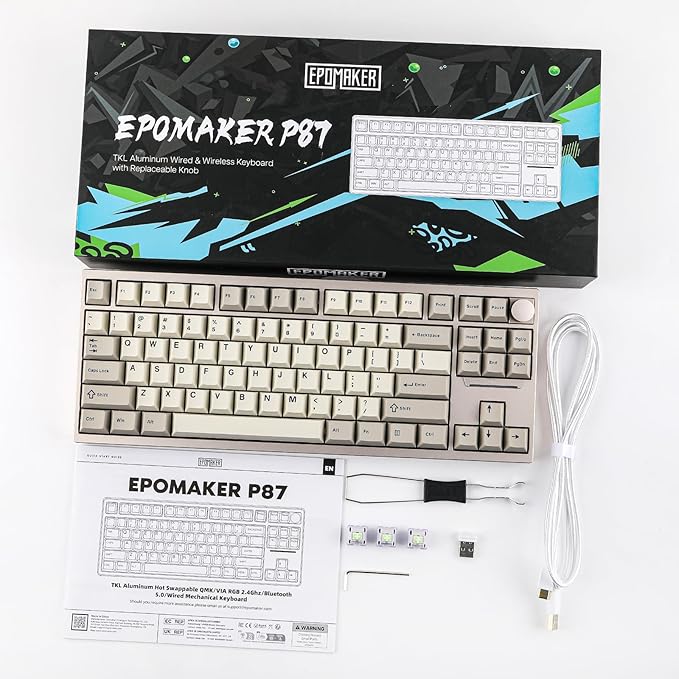 EPOMAKER P87 TKL Aluminum Wireless Gaming Keyboard, QMK/VIA Programmable, 87% Bluetooth/2.4Ghz/USB-C, with CNC Metal Knob and RGB Backlight (Khaki, Wisteria Tactile Switch)