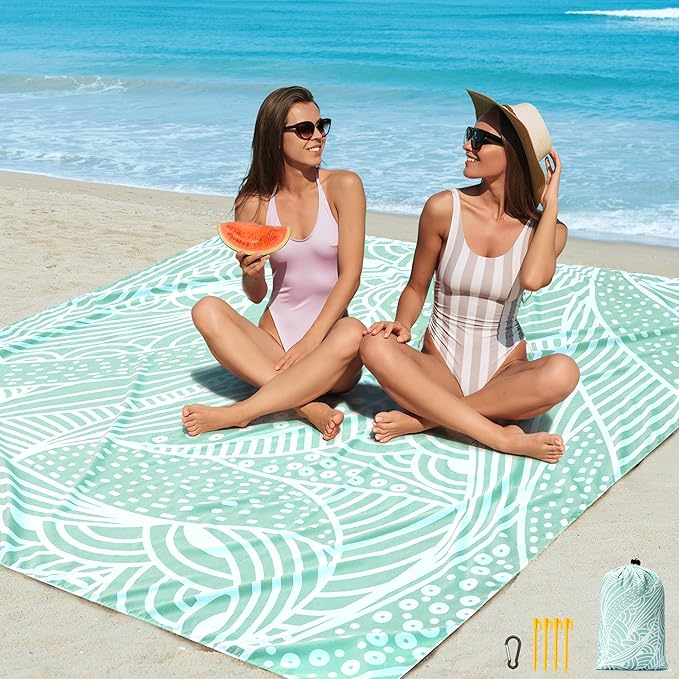 Beach Blanket, Sandproof Beach Mat, Waterproof Quick Drying Lightweight Outdoor Aztec Picnic Mat 79" X 83" for 2-4 Adults with Pocket for Travel, Camping, Hiking
