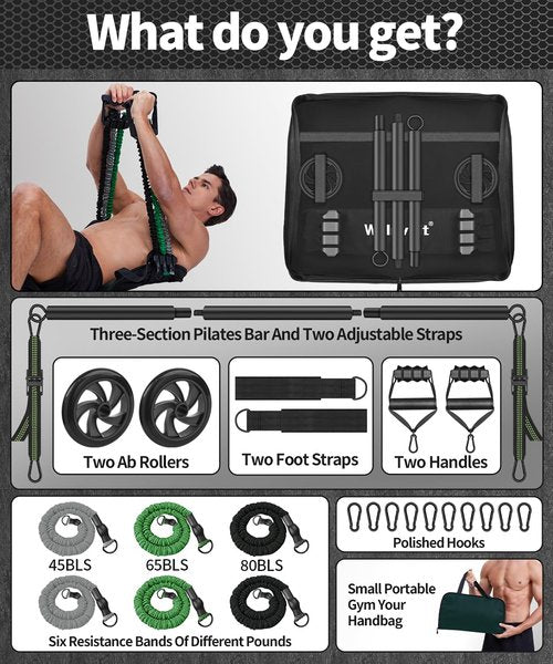 Pilates Bar Kit with Resistance Bands | Portable Multi-Functional Core Strength Training Home Gym Equipment with All-in-One Handbag at Home Gym | Removable Abs & Adjustable Straps for Travel