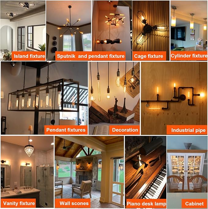 LiteHistory Dimmable T10 LED Bulb 4W Equal E26 Edison Bulb 40 Watt AC120V Tubular Light Bulb Warm White 2200K Amber 250lm E26 LED Bulb for Rustic Pendant,Chandeliers,Wall sconces E26 Light Bulbs 6Pack