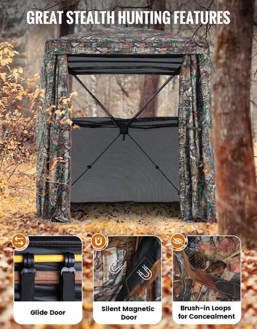 Sportneer Hunting Blind 270 Degree See Through Ground Blind with Silent Sliding Door & Windows for Deer Hunting, 2-3 Person Pop Up Ground Blind for Turkey and Deer with Carrying Bag