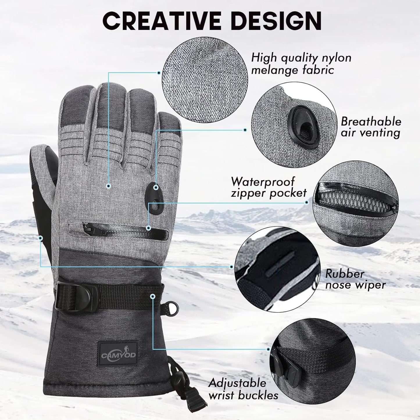 Waterproof Ski Snowboard Gloves with 3M Thinsulate,Zipper Pocket, Air Vent, Cold Weather Gloves for Men