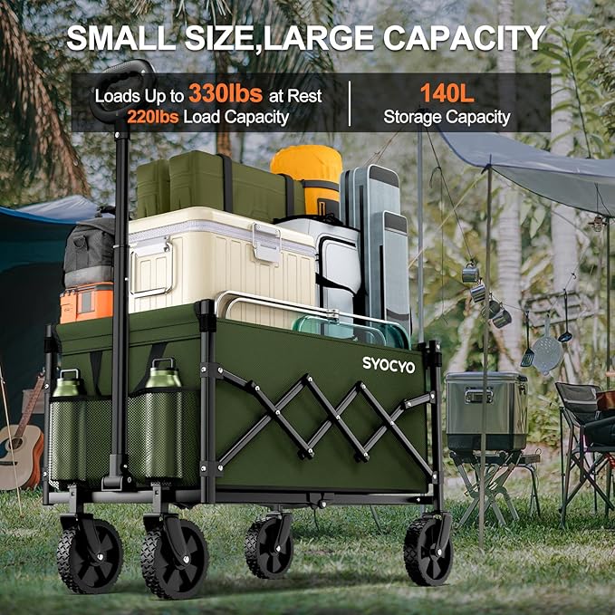 Collapsible Wagon Cart 360lbs Beach Foldable Wagon Lightweight & Portable Folding Utility Grocery Shopping Carts with Wheels for Shopping Sports Garden Camping Green
