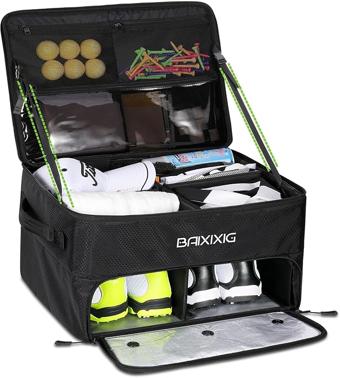 Golf Trunk Organizer, 2 Layer Waterproof Car Golf Locker with Separate Ventilated Compartment for 2 Pair Shoes, Golf Trunk Storage for Golf Accessories, Golf Gifts for Men
