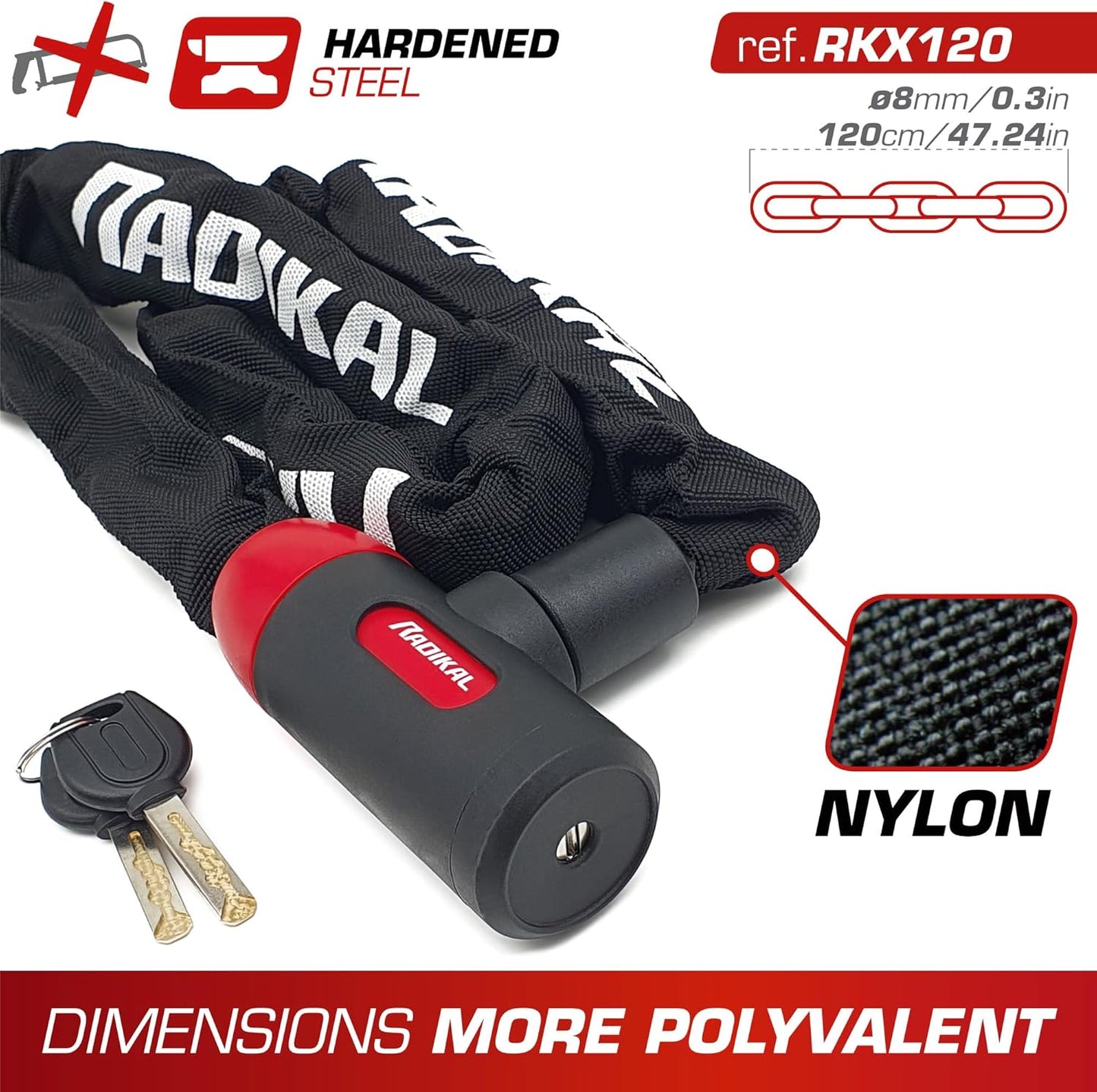 RADIKAL RKX170 Premium Bike Chain Lock, Hardened Steel ø8mm/0.31in Links with High Security Key Lock, More Extensive, Scratch-Resistant, Anti Theft for Bicycle, Scooter, Ebike, Gates, 170cm/5.5ft Long