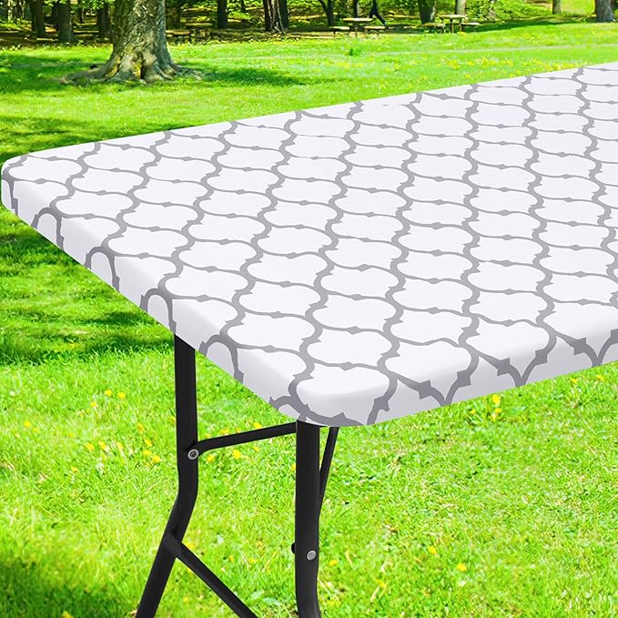 Smiry Rectangle Picnic Table Cover, Waterproof Elastic Fitted Camping Tablecloths for 8 Foot Tables, Wipeable Flannel Backed Vinyl Tablecloth Protector for Indoor, Outdoor (White, 30x96 Inches)