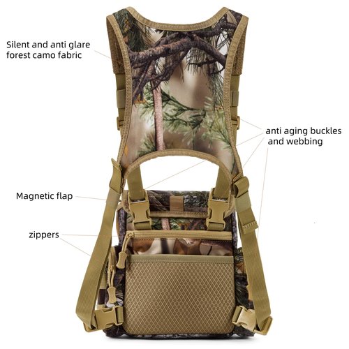 AMHEH Binocular Harness Bino Bag Hunting Chest Pack with Rangefinder Pouch | Magnetic Flap, Silent, Anti Glare, Birding, Hiking, Fits Up to 56 Inches Chests (Camo)