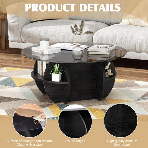 Round Coffee Table, Modern Coffee Table Glass Top with Solid Wood Base, Large Rustic Circle Center Cocktail Table Unique Accent Glass Coffee Table for Living Room (Round)
