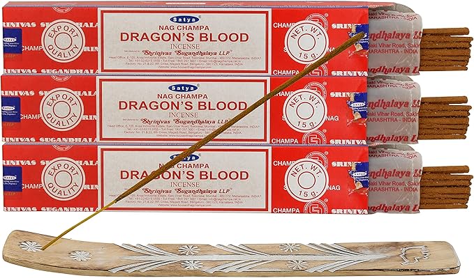 Satya Dragon Blood Incense Sticks, Satya sai Baba Insenses 15gmx3 (45 gm) Pack with Raajsee Incense Holder Bundle, Satya Nag Champa Natural Incense