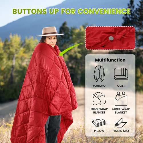 CPJCMP Camping Blanket,Lightweight Puffy Blanket Packable Down Alternative Throw Blanket Waterproof Windproof for Camping, Hiking, Backpacking,Airplane,Outdoors, Travel, Beach, Red, 57” x 78.7”