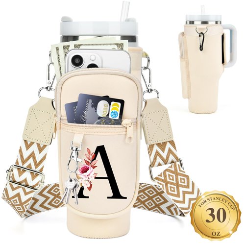 LOKASS Water Bottle Holder with Strap for Stanley Cup 30 oz Tumbler with Handle, Personalized Initial Gift, Water Bottle Carrier Bag with Phone Pocket & Carabiner for Stanley Cup Accessories