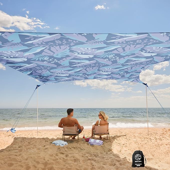 WEKAPO Beach Tent Sun Shelter - Easy Setup Beach Canopy with 4 Sturdy Poles, Large Sandbags and Shovel, 7'1'' Tall, Windproof Sun Shade for Backyard and Camping, UPF 50+ Protection