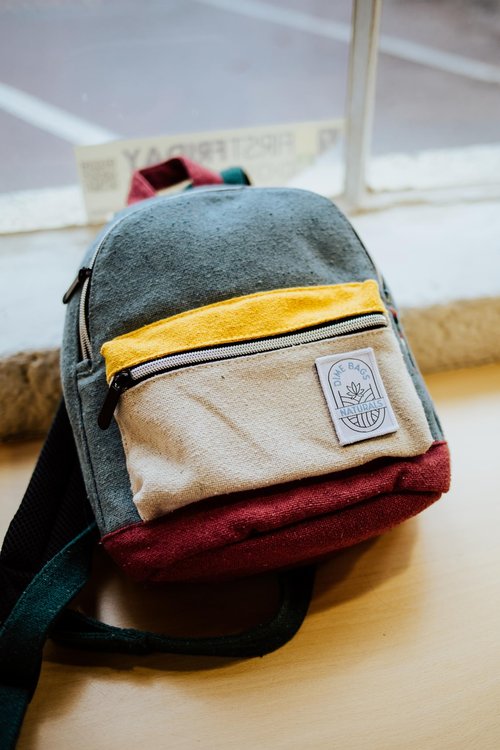 DIME BAGS Mini Hemp Backpack, Made with 100% Nepali Hemp, Travel Bag with Adjustable Padded Straps & Hidden Pocket, Eco-Friendly Daypack for Everyday Use, Unisex, Naturals Mystic (Boho Blue)