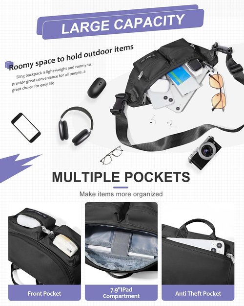 SEAFEW Black Fanny Packs for Women Men, Belt Bag with Mult Zipper Pockets, Waterproof Crossbody Bag, Fashion Waist Packs with Adjustable Long Strap for Workout Running Yoga Shopping Hiking