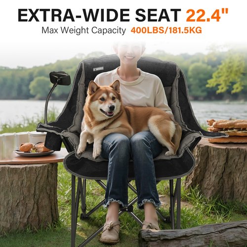 Camping Chairs for Adults-Oversized Extra Large Lawn Chair,Folding Comfy Padded Chair w/Phone Holder,Side Pocket,Cup Holder for Outdoor,Wide&Thick,Heavy Duty 400Lbs,Black