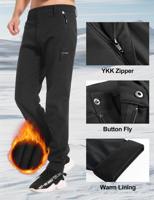 KUTOOK Winter Jogging Pants Men Wind Breaker Thermal Pants Hiking Fleece Lined Cold Weather Pantalones Térmicos para Hombre Warm Snow Sweatpants Outdoor Clothing Fishing Golf Black Green M