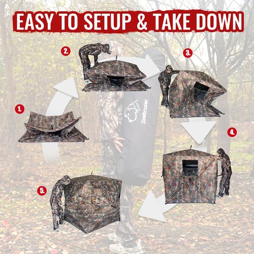 Zoebruzer Pop-Up Hunting Blind with Seat & Carrying Bag, 2-3 Person 300D Ground Blind, 270° View Portable Camo Tent for Deer & Turkey Hunting, Durable & Lightweight Design