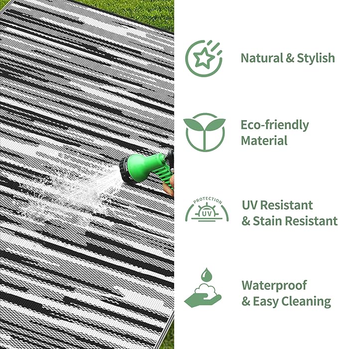 GENIMO Outdoor Rug for Patio Clearance, 6'x9' Waterproof Camping Mat, Reversible Plastic Straw Rugs for RV, Camper, Balcony, Backyard, Picnic, Deck (Black White)
