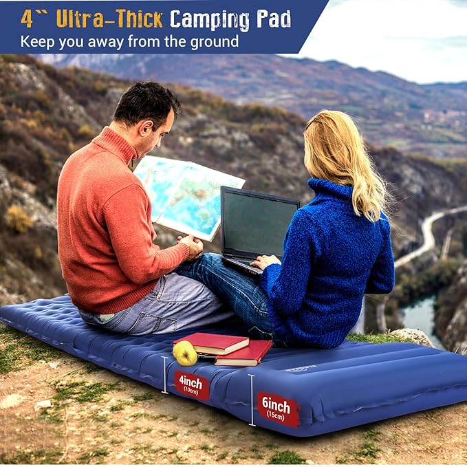 Elegear Self Inflating Sleeping Pad for Camping, 4" Ultra-Thick Camping Mattress Pad with Pillow Built-in Foot Pump, Portable Sleeping Mat for Backpacking, Hiking, Tent