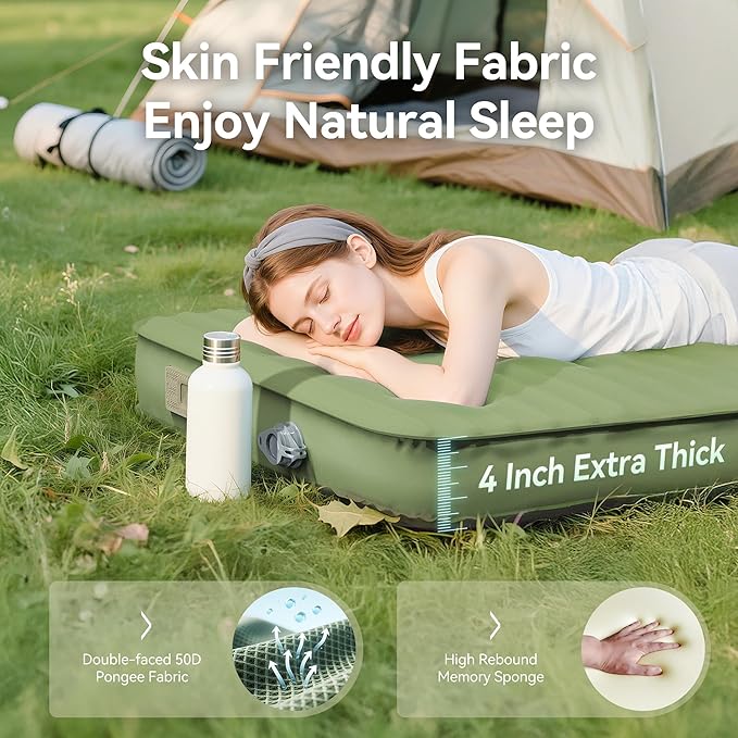 Camping Sleeping Pad, 4" Ultra-Thick Memory Foam Camping Mat with Built-in Electric Pump, 9.5 R-Value Insulated Self Inflating Air Mattress Sleeping Pads for Car Travel Tent Essentials