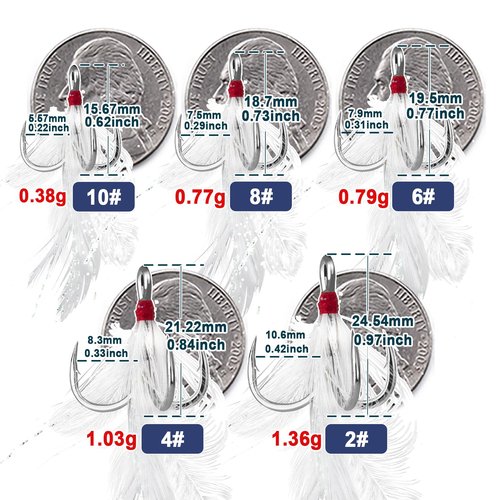 FishTrip Feathered Treble Hooks Fishing, 15Pcs Dressed Treble Hook Size 4 for Fishing Spoons Spinner Crankbait Jerkbait