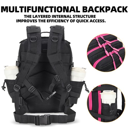 Lovelinks21 25L Tactical Military Backpack Small Travel Backpack for Men and Women Assault Pack Bug Out Bag Molle Daypack Gym Backpack with Bottle Holder (Black Neon Pink)