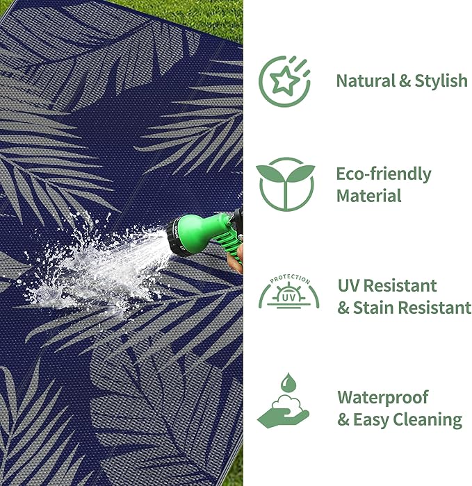 GENIMO Outdoor Rug 10' x 14' Waterproof for Patios Clearance, Reversible Outdoor Plastic Straw Camping Rug Carpet, Large Area Rugs Mats for RV, Camper, Deck, Balcony, Porch, Beach, Navy Blue&Grey