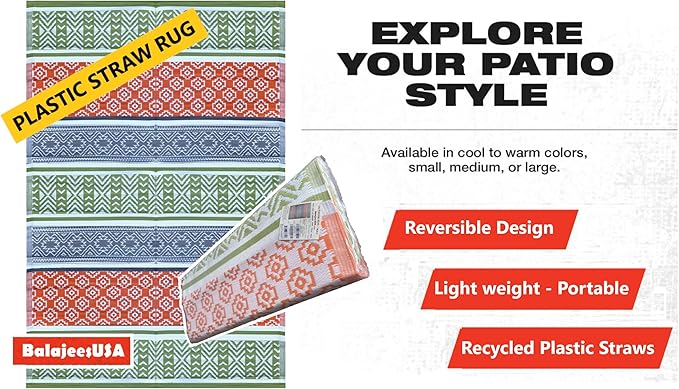 BalajeesUSA Outdoor Rugs 9x12 ft Large Plastic Patio Green, Orange Affordable Multipurpose Woven Plastic Straw All-Weather Waterproof Reversible Camper mat Backyard Picnic Sports Camps Tent