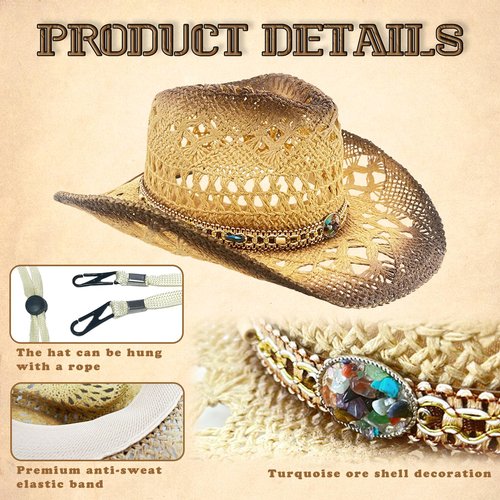 Men's Women's Western Straw Cowboy Hat, Cowgirl Sun Beach Hat with Two Decorative Bands and a Hair Band, Wide Brim Brown