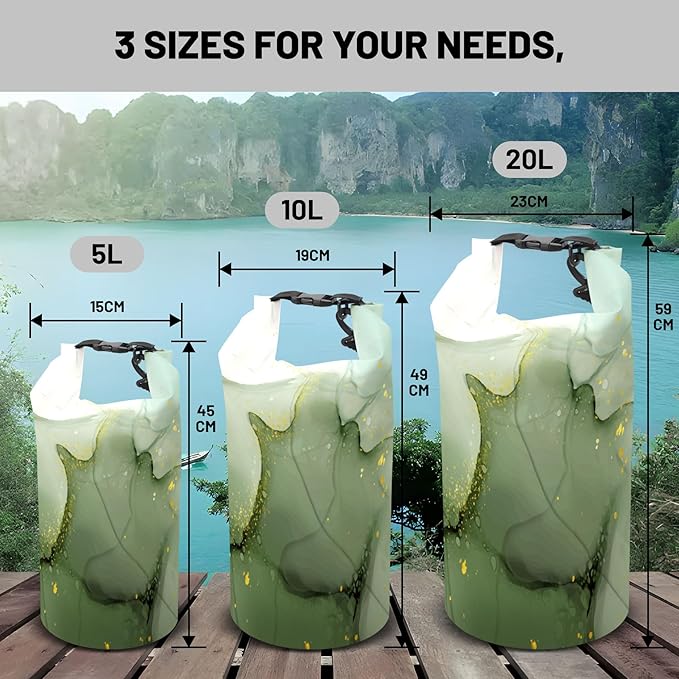 Waterproof Dry Bag,Roll Top Sage Green Marble Small Waterproof Backpack 5L/10L/20L Floating and Lightweight Bags for Kayaking, Boating, Fishing, Swimming and Camping