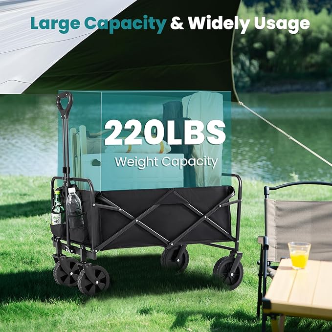 Sweetcrispy Collapsible Foldable Wagon Cart, Large Capacity Garden Beach Cart with All-Terrain Wheels, Heavy Duty Utility Grocery Wagon with Drink Holders for Shopping Sports Camping - 30IN Black