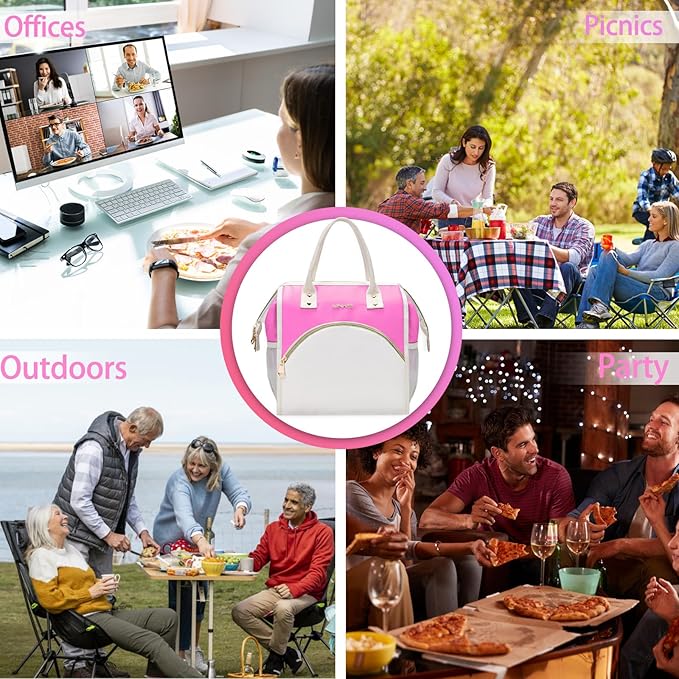 LOKASS Lunch Bag Women Insulated Lunch Box, Wide-Open Lunch Tote Bag Leak-proof Cooler Bag for Work Picnic-（Neon Pink）
