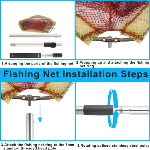 Greeily Fishing Landing Net, 44" to 64" Fishing Net Long Handle for Fishing with Telescopic Extension Pole for Kids Men Women Folding Sturdy Stainless Steel Tubes Comfortable Sponge Handle