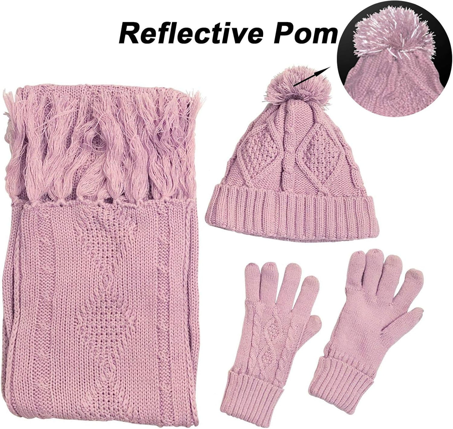 Winter Hat Gloves Scarf Set for Women, Cable Knit Beanie Pom Cap Touch Screen Glove Long Scarf 3PCS Winter Gift for Women Men