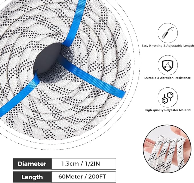 1/2 Inch 200ft Double Braided Polyester Arborist Rope, Heavy Duty Nylon Rope for Anchor, Tree Work, Cargo, Pulling, Sailing(White)
