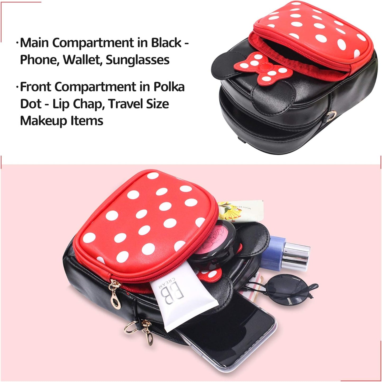 Minnie Polka Dot Backpack Small 2-in-1 Crossbody bag Mini Backpack - Multifunction Makeup Travel Mini Handbag with Long Shoulder Adjustable Strap PU Leather for Women Girls (Red/Black)