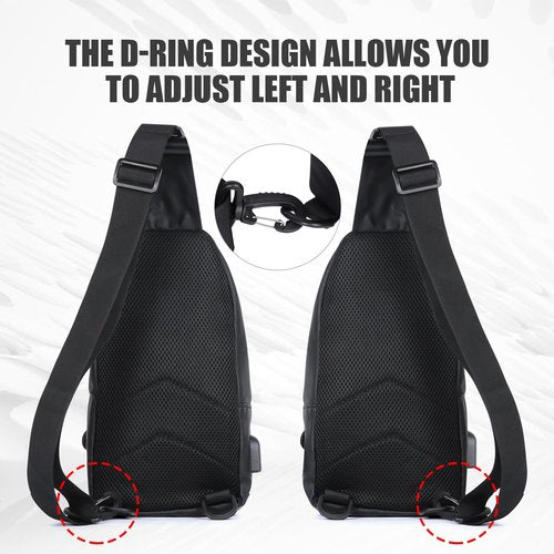 VALUEQLO Sling Bag for Men, Waterproof Chest Pack with USB Charging Port and Headphone Hole, Adjustable Left/Right Shoulder Crossbody Bag for Travel, Sport, Hiking, Running,Black