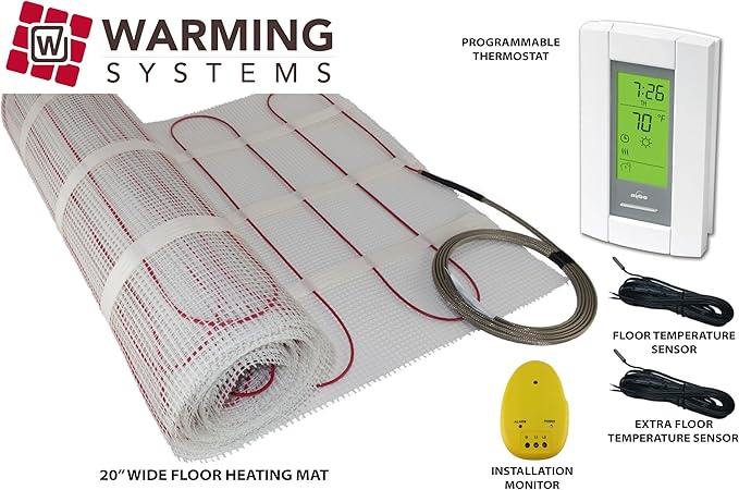 60 Sqft Mat, Electric Radiant Floor Heating System with Digital Floor Sensing Thermostat, Includes 2 Floor Temperature Sensors and Installation Monitor, Heated Floor System, Radiant Floor Heating Mat