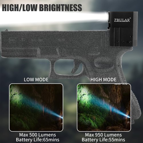 ZBULAR AL10 Pistol Light 950 Lm LED Home Defense Tactical Flashlight Type-C Rechargeable Slide Racker Jacker Compatible with Glock 17, 19, 19X, 26, PSA Dagger, and More with Improved Slide Grip