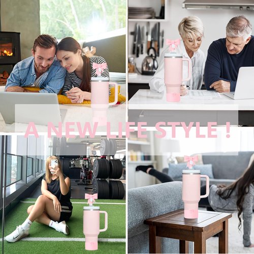 YAYAYOUNG Stanley Cup Accessories Set Including 2Pcs Silicone Bow Straw Covers Cap Toppers for 0.4 in/10mm Straws,2Pcs Silicone-Boots for Stanleys Cups 40oz & 30oz Tumbler(Pink)