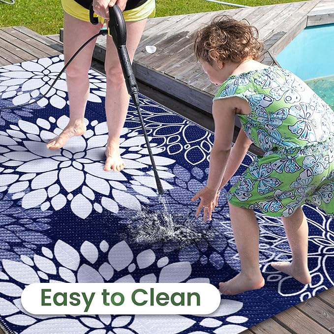 LuxStep Outdoor Rug Waterproof Outdoor Plastic Straw Rug Reversible Patio Rug Mat Outdoor Decor Large Area Mats for RV, Picnic, Backyard, Deck, Balcony, Porch, Beach, Camping, 5' x 8' Blue