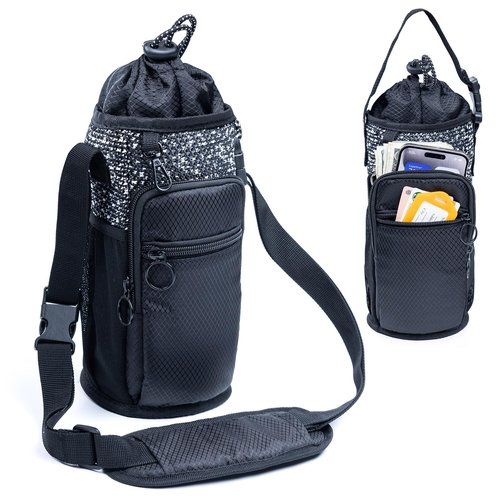 SPORJET Water Bottle Holder with Strap 64oz Water Bottle Carrier Bag with Phone Pocket - Crossbody Water Bottle Bag - Water Bottle Pouch for gallon water bottle, Medium, Black