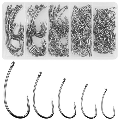 Barbless Fishing Hooks Kit, 180pcs Carp Fishing Hooks Small Sizes Trout Hooks Curved Shank Fly Tying Hooks Circle Hooks for Hair Rig Carp Fishing Tackle Saltwater Freshwater