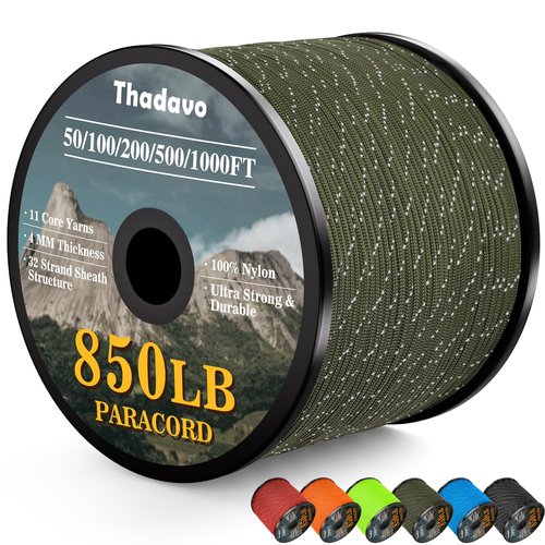 Thadavo Reflective Paracord Rope 850Ib, 50/100/200/500/1000ft 4MM 11 Strand Parachute Cords, Tactical Paracord String for Camping, Fishing, Clothesline, Hammock, Tent, Bracelet, Army Green 100FT