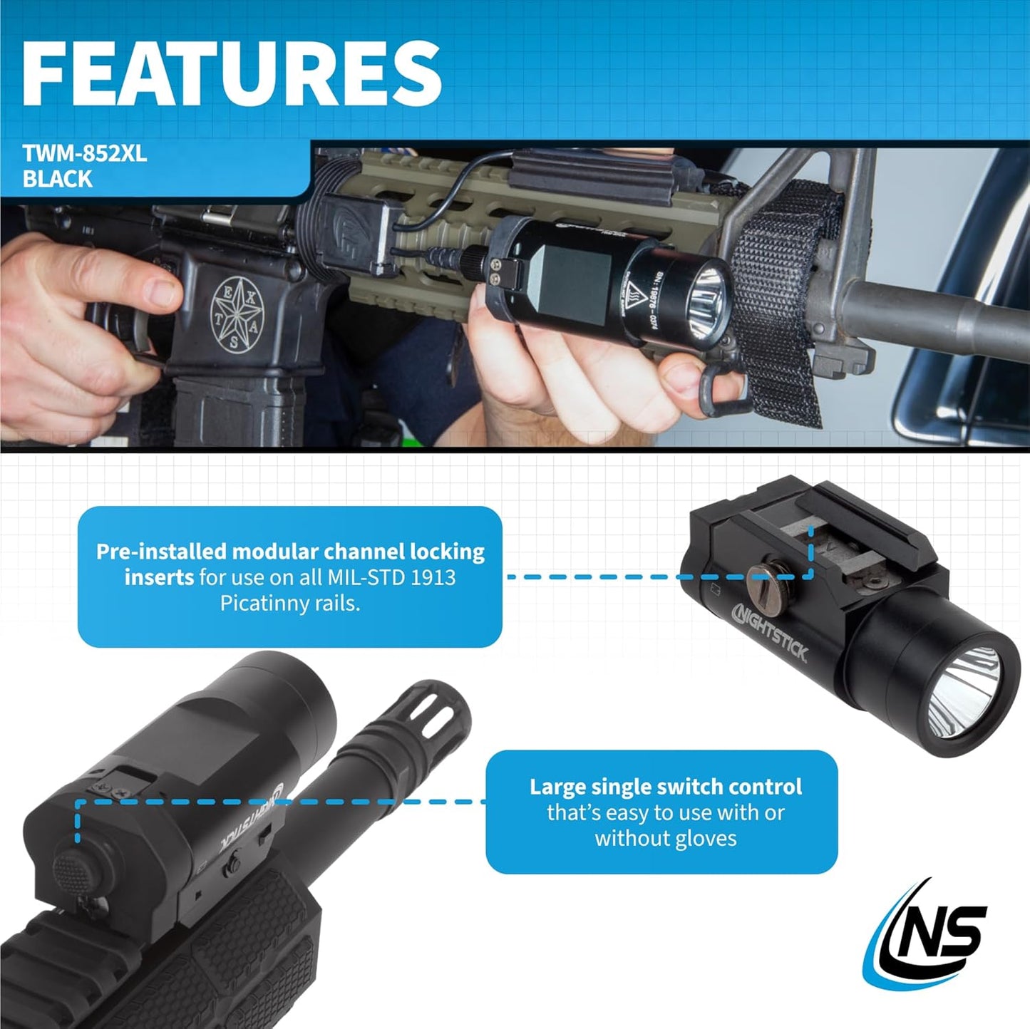 Nightstick TWM-852XL 850-Lumen Tactical Rail-Mounted Light with Single Push Button